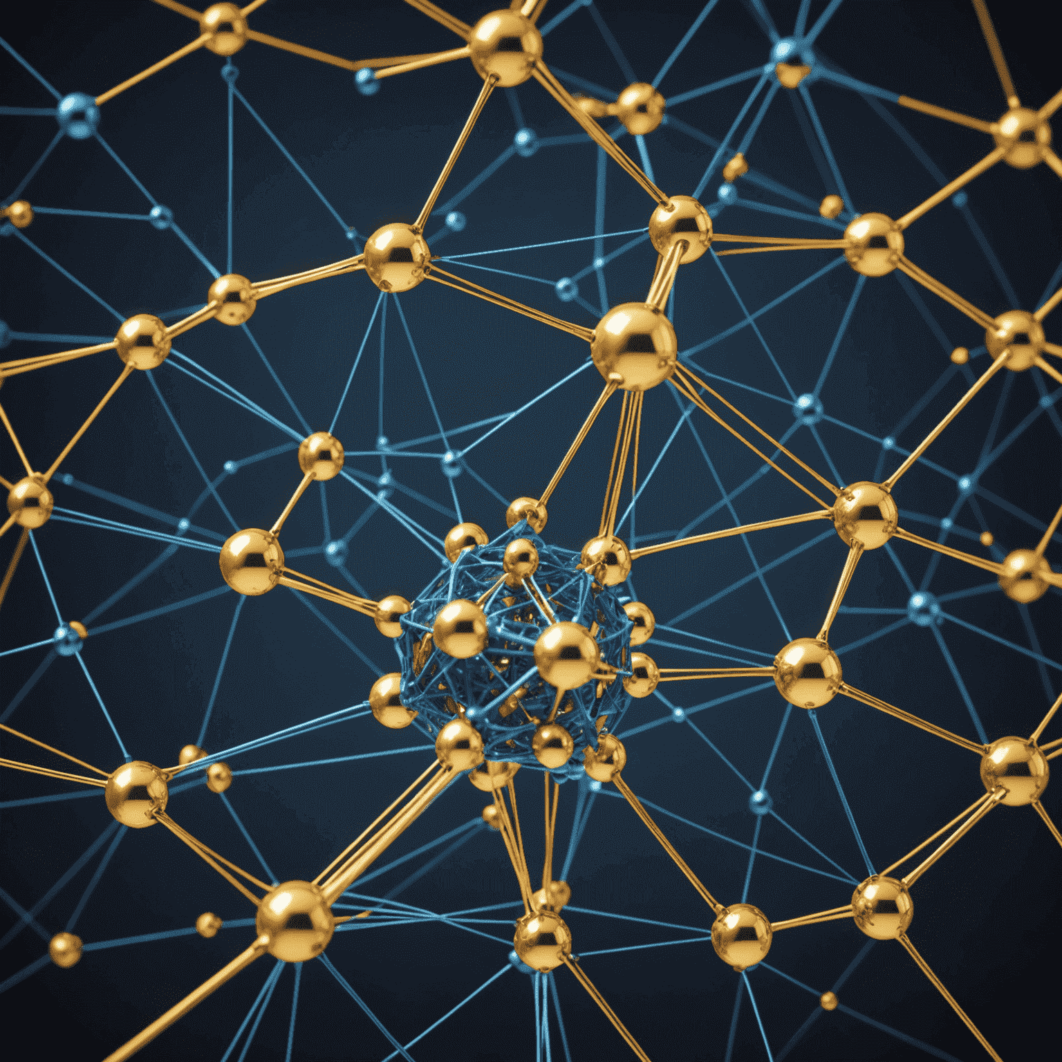 Wizualizacja sieci neuronowej reprezentującej sztuczną inteligencję, z połączonymi węzłami i liniami w kolorach niebieskim i złotym